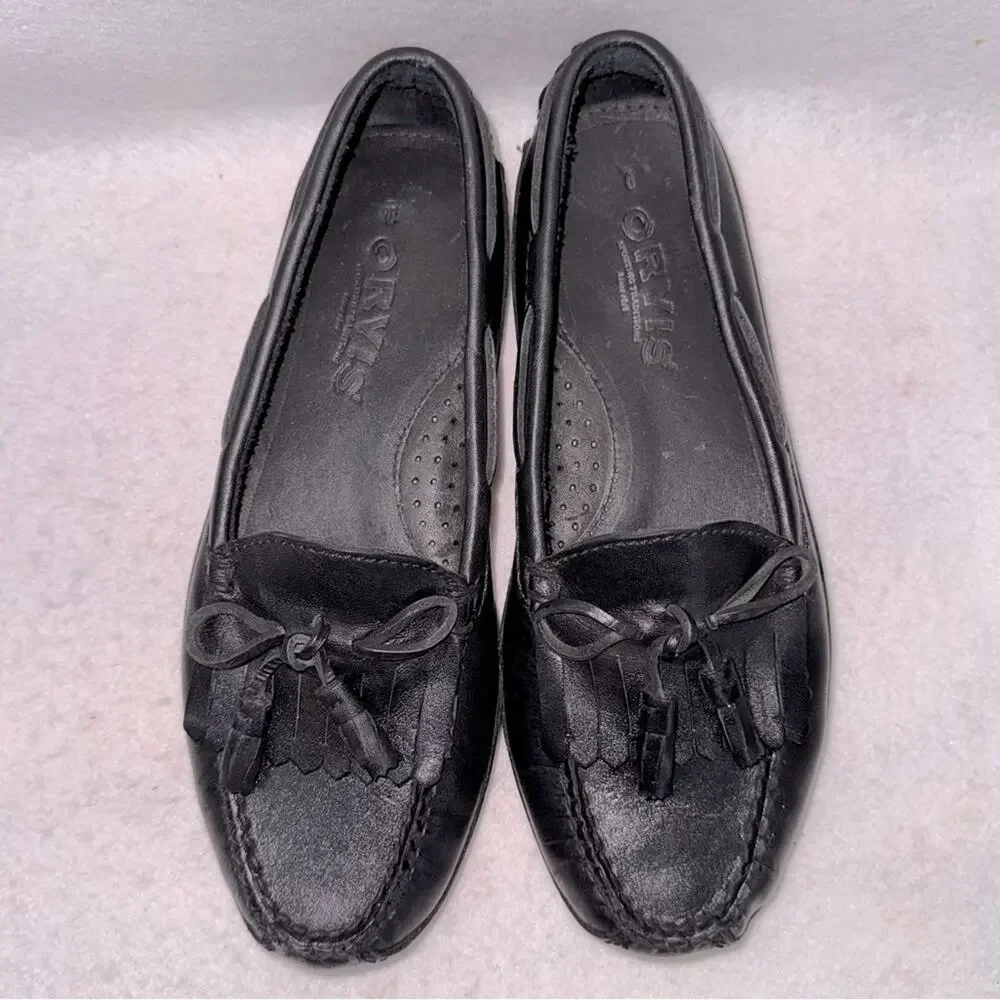 Women’s Orvis Leather Driving Shoes Moccasins Black Kiltie Tassel Loafers size 6